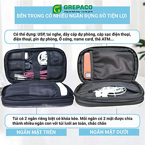 Túi Đựng Phụ Kiện Công Nghệ Grepaco, Pin Sạc Dự Phòng, Điện Thoại, Cáp Sạc USB, Tai Nghe Vải Bố Canvas, Nhiều Ngăn, Có Quai Cầm, Chống Nước, Khóa Kéo YKK Dành Cho Nam Nữ Đi Học, Làm, Du Lịch - Hàng Chính Hãng