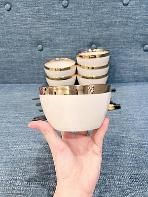 Bộ 6 Bát Sứ Màu Xanh-Trắng Viền Mạ Vàng Cao Cấp- Tặng Kèm Đũa Phong Cách Nhật- Hàng Chính Hãng MINIIN