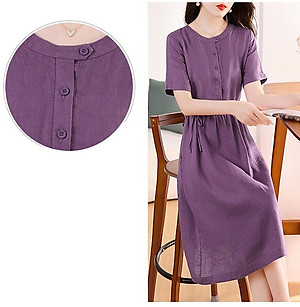 Đầm linen nữ trơn tay ngắn kết hợp phối cúc và rút eo , có nhiều màu dễ mặc đi chơi hay đi làm Da217