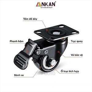 Bánh Xe Đẩy Hàng Có Bạc Đạn Và Khóa ANKAN, Bánh Xe Nhựa PVC Mini 40mm