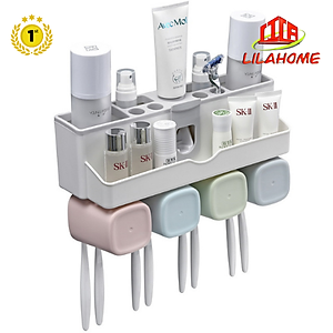 Giá Treo Bàn Chải Đánh Răng, Lấy Kem Đánh Răng Tự Động, Lưu Trữ Vật Dụng Ngăn Nắp - Tặng Kèm 4 Cốc Và Miếng Dán Tường - Chính Hãng
