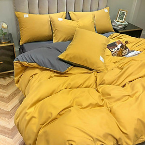 Bộ Chăn Ga Gối Cotton Tici LIDACO - Vàng Ga Xám
