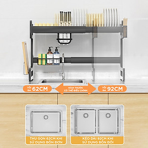 Kệ Chén Đĩa Kéo Giãn Thông Minh VANDO Giá Úp Bát Thay Đổi Kích Thước Trên Bồn Rửa 1 Tầng Chống Han Gỉ Cao Cấp