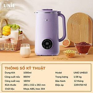 Máy làm sữa hạt Unie UMB10,Lưỡi dao 8 cánh inox 304 cao cấp,Dung tích 1L,công suất 800W,8 chức năng xay nấu- hàng chính hãng