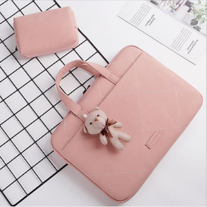 Túi xách da chống sốc cho máy tính, macbook, laptop màu hồng cute - Tặng kèm gấu bông và ví đựng phụ kiện