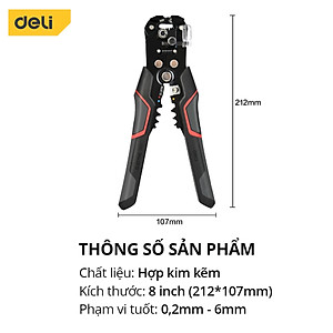 Kìm Tuốt Dây Điện Bấm Cos Đa Năng Deli Chất Liệu Thép Cao Cấp Điều Chỉnh Lực Tuốt Dây Dễ Dàng DL2018