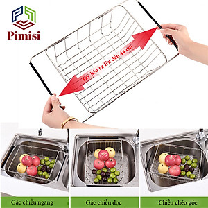 Rổ Inox 304 Chữ Nhật Gác Bồn Rửa Chén Pimisi Úp Bát Đĩa - Rau Củ Quả Với Thiết Kế Thông Minh Điều Chỉnh Độ Dài Co Giãn Chiều Dài Khay, Tay Nắm Kéo Từ Thép Không Gỉ SUS 304 - Với 4 Góc Vuông Bo Tròn Phù Hợp Với Mọi Chậu Rửa Bát  | Hàng Chính Hãng