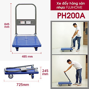 Xe đẩy hàng 4 bánh gấp gọn 200kg đa năng sàn nhựa nhập khẩu FUJIHOME PH200A, bánh cao su chống ồn