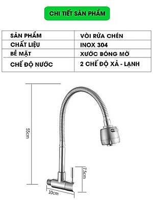 Vòi nước rửa chén bát Inox 304 Cắm Tường Cần mềm - Bát sen 1 Đường Nước (bảo hành 12 tháng)
