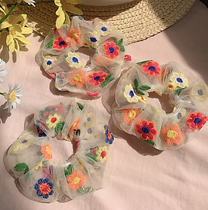 Dây buộc tóc thêu hoa ngũ sắc tinh tế vòng lớn Scrunchies HD54