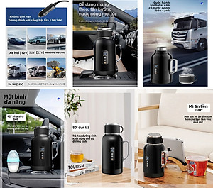 Bình Đun Nước Xe Hơi Giữ Nhiệt Dung Tích Lớn 1500ML 200W SUS304 Chế Độ Nguồn Kép 12V-24V Kèm Bộ Adapter 220V Dùng Trong Gia Đình Và Cho Xe Tải Xe Khách Đường Dài
