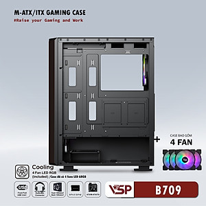Vỏ máy tính Case VSP B709 [ĐEN] sẵn 4 Fan LED ~ Gaming kính cường lực (M-ATX/ITX) - Hàng chính hãng TECH VISION phân phối