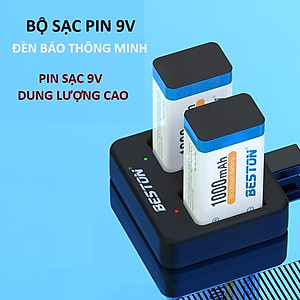 Pin sạc 9V Beston Li-Ion dung lượng cao, bộ sạc pin vuông dùng cho micro, đồng hồ vạn năng, chuông báo động, đồ chơi