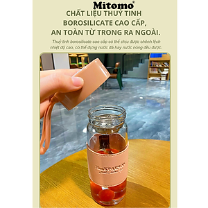 Bình Nước Thủy Tinh Cao Cấp Bọc Da Mitomo, Chịu Lực, Chịu Nhiệt, Có Dây Đeo Kèm Bộ Lọc Inox 304 Dung Tích 500ML hàng chính hãng