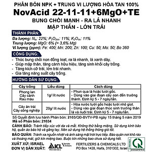 Phân bón hòa tan Israel NPK NovAcid 22-11-11+6MgO+Te giúp thúc cây bung chồi non đồng loạt, tăng kích cở trái thông qua hệ thống tưới nhỏ giọt bón gốc hay phun lên lá 