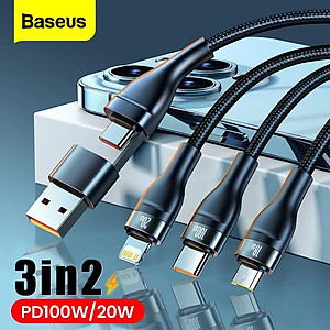 Cáp sạc nhanh 3 đầu Baseus Flash Series Ⅱ PRO Two-for-three Charging Cable U+C to M+L+C 100W (Hàng chính hãng)
