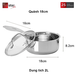 Quánh inox 304 đúc liền khối Fivestar Plus đường kính 18cm/20cm bảo hành 25 năm