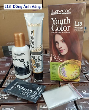 Đồng Ánh Vàng - Combo 2 Kem Nhuộm Tóc Màu Thời Trang Lavox Youth&Color L13 Đồng Ánh Vàng + L24 Nâng Tông Màu (Sử Dụng Màu L24 Để Nâng Tông Màu Tóc Trước Khi Nhuộm Màu L13 Đồng Ánh Vàng)