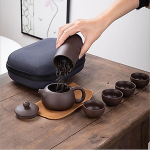 Bộ Bình Trà Tử Sa Mini Có Túi Đựng Đi Du Lịch Tiện Lợi Thích Hợp 2 - 4 Người Dùng Gồm 1 Ấm Trà, 4 Tách, 1 Bình Đựng Trà