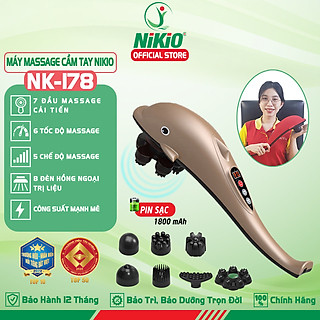 Máy Massage Cầm Tay Cá Heo Nikio NK-178 Dòng Cao Cấp - 6 Cấp Độ, Pin Sạc Không Dây, Cán Tay Dài Hỗ Trợ Mát Xa Toàn Thân, Với 7 Đầu Mát Xa Cải Tiến Mát Xa Giảm Đau Cơ, Khớp - Tăng Tuần Hoàn Máu
