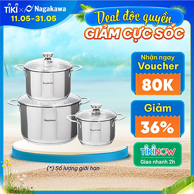 Bộ 3 Nồi Inox 304 Đáy Từ 5 Đáy Nagakawa NAG1351 (16cm, 20cm, 24cm) – Hàng Chính Hãng
