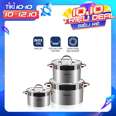 Bộ 3 Nồi Inox 304 Đáy Từ 5 Đáy Nagakawa NAG1352 (16cm, 20cm, 24cm) – Hàng Chính Hãng