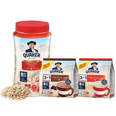 Combo Yến Mạch Thượng Hạng: Yến Mạch Ăn Liền Quaker Hũ 600g & Thức Uống Yến Mạch Quaker 3in1 Vị Chocolate, Truyền Thống