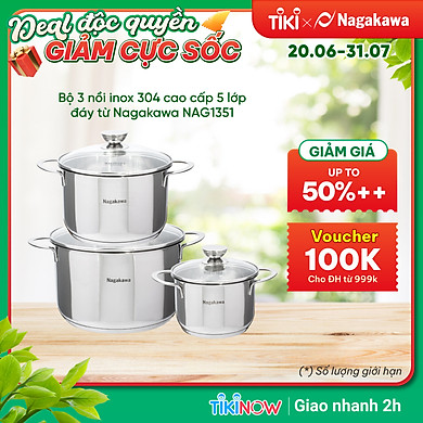 Bộ 3 Nồi Inox 304 Đáy Từ 5 Đáy Nagakawa NAG1351 (16cm, 20cm, 24cm) – Hàng Chính Hãng