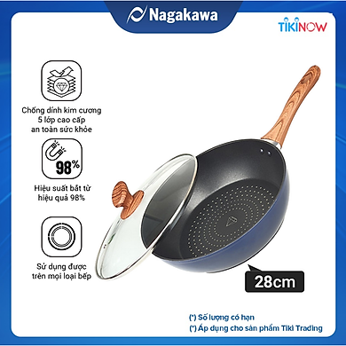 Chảo Sâu Lòng NAG2853 Đáy Từ 5 Lớp Chống Dính Vung Kính Siêu Bền Nagakawa (28cm) – Dùng Trên Mọi Loại Bếp – Hàng Chính Hãng