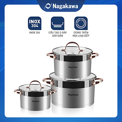 Bộ 3 Nồi Inox 304 Đáy Từ 5 Đáy Nagakawa NAG1352 (16cm, 20cm, 24cm) – Hàng Chính Hãng