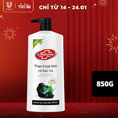 Sữa tắm 850g Lifebuoy Detox và sạch sâu khỏi bụi mịn PM2.5 Bảo vệ khỏi vi khuẩn gây mùi cơ thể Than hoạt tính & Bạc hà Chiết xuất 100% Than hoạt…