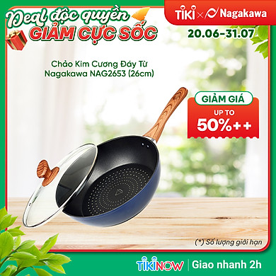 Chảo Sâu Lòng NAG2653 Đáy Từ 5 Lớp Chống Dính Vung Kính Siêu Bền Nagakawa (26cm) – Dùng Trên Mọi Loại Bếp – Hàng Chính Hãng