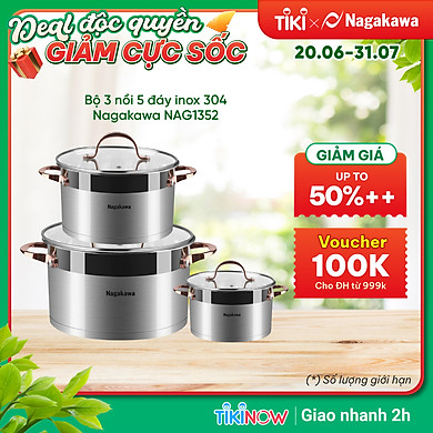 Bộ 3 Nồi Inox 304 Đáy Từ 5 Đáy Nagakawa NAG1352 (16cm, 20cm, 24cm) – Hàng Chính Hãng