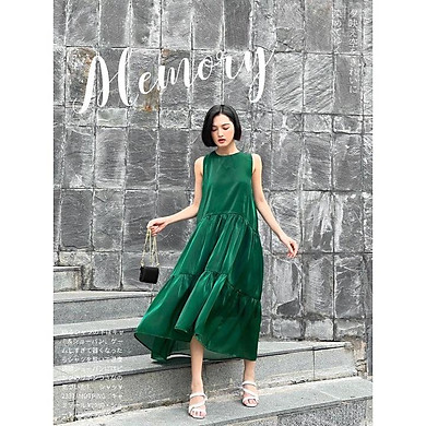 Đầm maxi đi biển thiết kế cao cấp suông dáng dài sang chảnh lụa organza JOVEN xanh lá