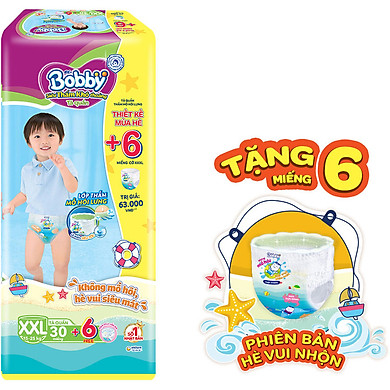 Tã Quần Bobby Đệm Lưng Thấm Mồ Hôi XXL30 (30 Miếng) – Tặng 6 Miếng Phiên Bản Hè Vui Nhộn