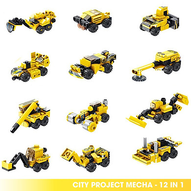 Bộ đồ chơi lắp ghép Siêu Robot xây dựng – Lắp ráp 12 xe xây dựng công trình thành Siêu Robot – Lắp ghép xếp hình 12 in 1 – Xe công trình 25 cách…