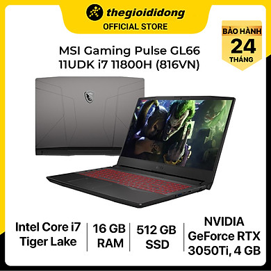 Laptop MSI Pulse GL66 11UDK i7 11800H/16GB/512GB/4GB RTX3050Ti/15.6″F/144Hz/Balo/Chuột/Win10/(816VN)/Đen – Hàng chính hãng