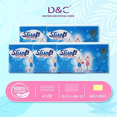 Combo 5 Giấy ăn Slisoft Vàng x 450 tờ Đa Năng, Khăn Giấy Rút Không Chất Tẩy Trắng An Toàn Cho Cả Gia Đình