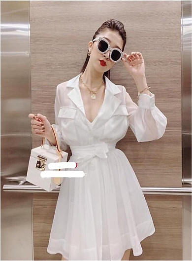 đầm cổ vest voan tay dài