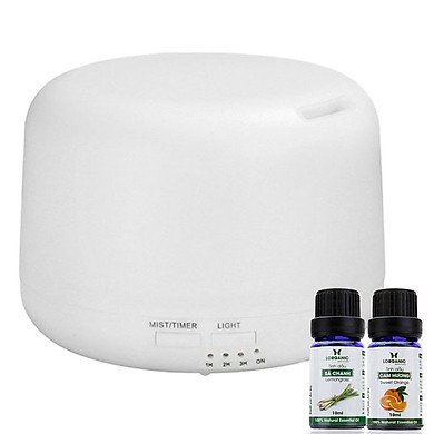 Máy khuếch tán tinh dầu hình trụ trắng 300ml + tinh dầu sả chanh (10ml) + tinh dầu cam Lorganic (10ml)