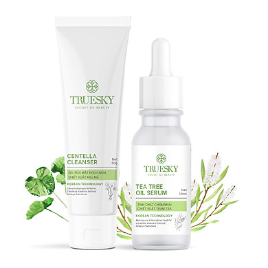 Bộ sản phẩm dành cho da mụn Truesky gồm 1 tinh chất chấm mụn tràm trà 10ml + 1 gel rửa mặt ngừa mụn rau má 50g