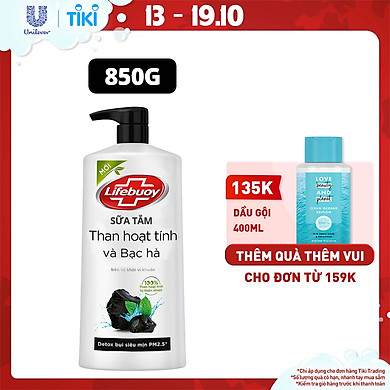 Sữa tắm 850g Lifebuoy Detox và sạch sâu khỏi bụi mịn PM2.5 Bảo vệ khỏi vi khuẩn gây mùi cơ thể Than hoạt tính & Bạc hà Chiết xuất 100% Than hoạt…