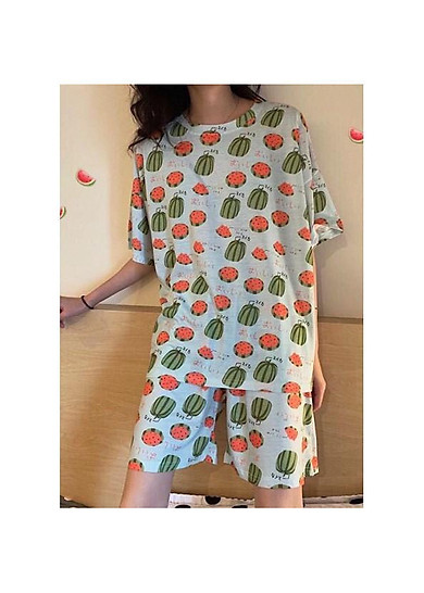 Set đồ mặc ở nhà, bộ ngủ chât đẹp cho nữ, vải cotton, mềm, rộng, thoáng mát họa tiết hoa quả cực dễ thương freesize<56kg