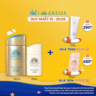Bộ đôi Kem chống nắng dưỡng da dạng sữa bảo vệ hoàn hảo Anessa Perfect UV Sunscreen Skincare Milk SPF 50+ PA++++ 60ml + Kem nền trang điểm BB chống…