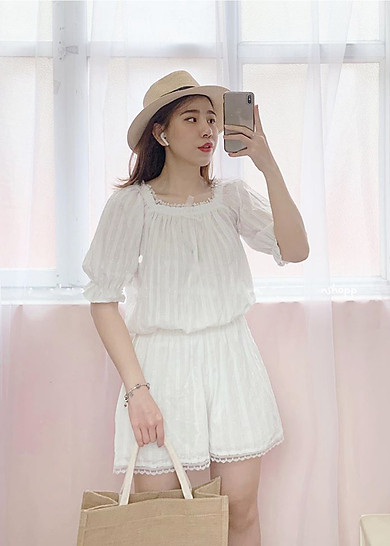 Set đồ 2 món vải đũi đẹp 2 lớp dày dặn, thoáng mát gồm áo babydoll tay phồng cổ chun mặc được 2 kiểu và quần short cạp chun dày dặn freesize<53kg