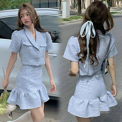 Set áo khoác đen A1730 và chân váy xếp ly trắng CV1675  DVC Fashion