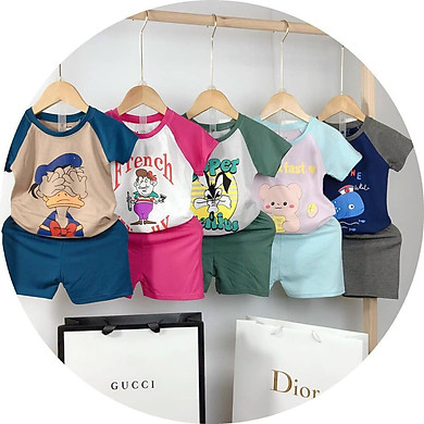 Bộ Quần Áo Bé Trai Bé Gái Ngắn Tay Cổ Tròn In Họa Tiết Hình Thú Phối Màu Thời Trang HQ Baby SET B1004