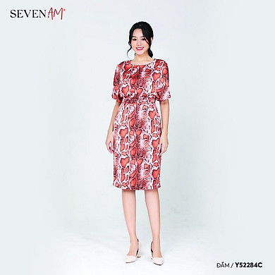 Đầm Dáng Ôm Seven.AM Chất Liệu Lụa Thiết Kế Họa Tiết Da Trăn Màu Cam Đỏ Mã Y52284C (Có Đai Rời) – – top1shop
