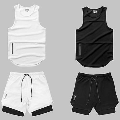 Bộ Quần Áo Gym Nam,Chạy Bộ,Chơi Thể Thao Tanktop Kết Hợp Quần 2 Lớp Và Áo 3 Lỗ