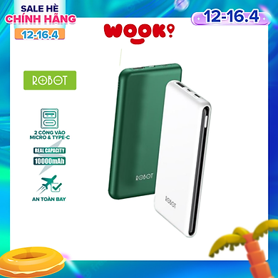 Pin Sạc Dự Phòng 10.000mAh ROBOT RT180 – 2 Cổng Sạc Vào Type-C/Micro, Kích Thước Mỏng và Nhẹ – HÀNG CHÍNH HÃNG